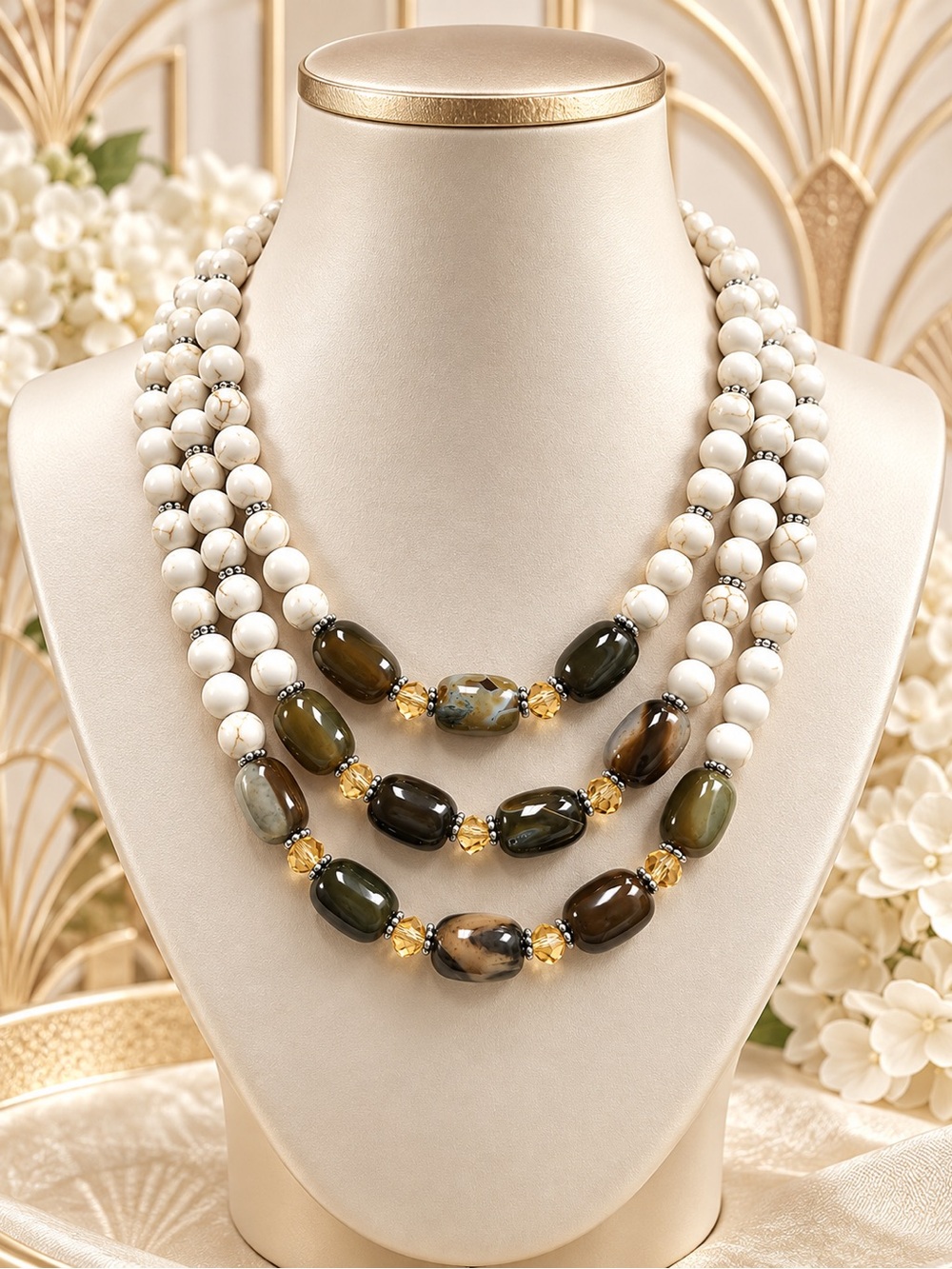 🆕🔥Three-Strand White Howlite and Brown Agate Statement Necklace